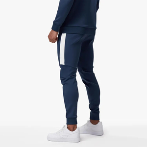 Men's Navy Blue Full <b>Zip</b> <b>Hooded</b> Tracksuit With White Stripes Side Pockets Breathable Sporty Autumn Wear - Product Image 3