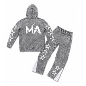 Conjunto de chándal gris con capucha y efecto acid wash, con estrellas blancas y pantalones largos con cordón de 350 gsm, 100% algodón, estilo streetwear. - Product Image 2