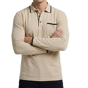 เสื้อโปโลแขนยาวผู้ชายแบบปรับแต่งได้ แต่งขอบตัดกัน ผ้าฝ้ายปิเก้ GSM สูง ราคาขายส่ง เสื้อโปโลคุณภาพสำหรับผู้ชาย - Product Image 3