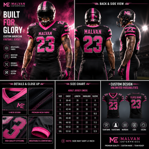 Camiseta de Fútbol Americano Personalizada de Malvan Enterprises, Unisex, Negra y Rosa, Cuello en V, Absorbe la Humedad, Transpirable, Costuras Resistentes - Product Image 6