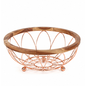 Panier à fruits en fil métallique avec bordure en bois d'acacia, personnalisable en gros, et bol en métal plaqué cuivre rose, organisateur de rangement de comptoir pour la maison - Product Image 1