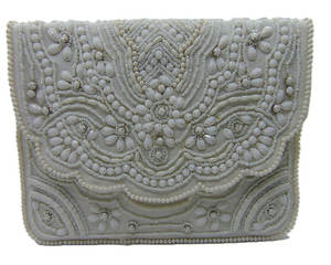 Elegant <b>White</b> Hand Beaded Satin Clutch <b>Bag</b> Pearl Beads Floral Embroidery Handmade Wedding <b>Bridal</b> Evening Party Purse Lowellcraft - Product Image 1