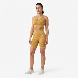 Women Mustard <b>Yellow</b> Acid Wash Yoga Set Sports <b>Bra</b> High Waist Biker Shorts Gym Fitness Workout Activewear - Product Image 3