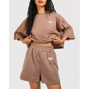 Ensemble crop top et short marron personnalisé pour femme, style décontracté surdimensionné, tenue d'été deux pièces, vente en gros OEM - Product Image 1
