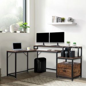 FCH Armadietto Portadocumenti Retrò con Superficie in Triamina Effetto Legno, a Forma di L, con Tubi in Ferro Nero, 2 Porte USB, 2 Scrivanie per Computer - Product Image 1