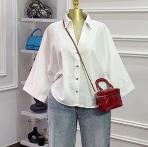 Camisa de Mujer, Azul Claro, Corte Holgado, con Botones, Manga Tres Cuartos, Estilo Casual, Color Sólido, Popelina, Cuello Camisero - Product Image 5