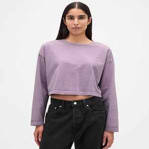Top Corto de Mujer, Cuello Redondo, Color Lila, Manga Corta, Tejido de Punto, Corte Holgado, Color Sólido, Transpirable, Bordado, 100% Algodón, Estilo Minimalista - Product Image 3