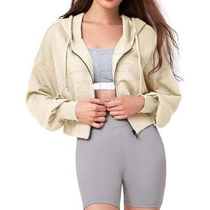 Ladies Cropped Zipper Hoodies Drop Shoulder Hooded <b>Tops</b> Long Sleeve Cotton Blend <b>Zip</b> <b>Front</b> Cuffs Casual Street Fashion Wear - Product Image 2