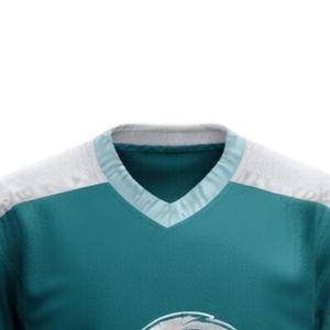Maillot de hockey sur glace sublimé pour hommes, vert sarcelle et blanc, en polyester imprimable, col en V, manches longues, uniforme sportif athlétique, tenue d'équipe - Product Image 3