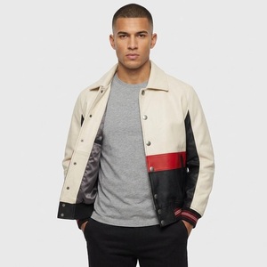 Custom Mens Genuine Leather Varsity <b>Jacket</b> Plain Snaps Premium <b>White</b> Red Black Bomber Coat Striped Trim Casual <b>Jacket</b> - Product Image 3