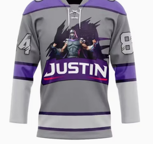 Maillot de hockey sur glace personnalisé pour homme, manches longues, imprimé par sublimation, violet et gris, 84 Justin, respirant, en polyester, col rond, uniforme adulte - Product Image 3