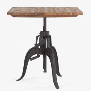 Mesa de comedor industrial de hierro fundido con manivela, altura ajustable, con tablero cuadrado de madera maciza de mango, para bistro, bar o cocina. - Product Image 1