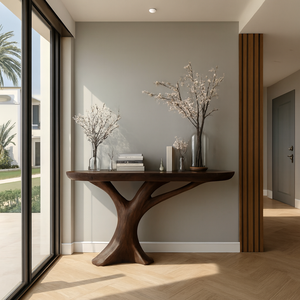 Mesa Consola de Nogal Esculpida a Mano, Mueble de Entrada de Madera Sólida, Diseño Orgánico Moderno Hecho a Mano - Product Image 1