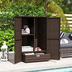 Mobiletto porta asciugamani da piscina in rattan con ripiano rimovibile e cassetto, marrone misto, per esterni - Product Image 2