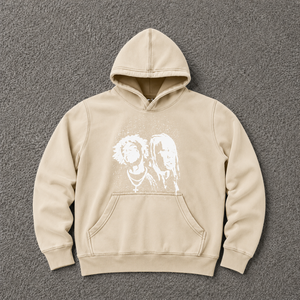 เสื้อฮู้ดดี้โอเวอร์ไซส์สีเบจ ลายกราฟิกสไตล์วินเทจ สตรีทแวร์ พร้อมลายภาพเหมือนสีดำขาว ผ้าฝ้ายฟลีซหนานุ่ม - Product Image 5