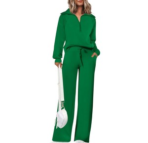 Conjunto Deportivo Verde para Mujer, Color Sólido, Manga Larga, Casual, Transpirable, con Cierre de Media Cremallera, Cordón Ajustable, Corte Holgado, 100% Poliéster - Product Image 1