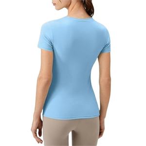 Camiseta de Punto para Mujer, Color Azul Claro, Manga Corta, Cuello Redondo, Corte Ajustado, Informal, Transpirable, para Todas las Temporadas - Product Image 2