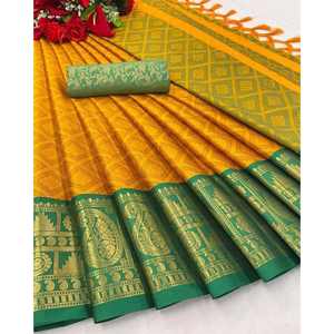 FANTAISIE COTON SOIE JACQUARD TISSÉ TRAVAIL SAREE AVEC CHEMISIER NON POUSSÉ JAUNE - Product Image 1