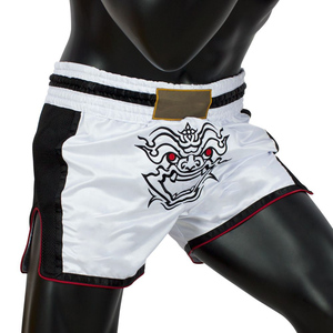 Men's White Muay Thai Boxing Shorts With <b>Black</b> Side Panels And Embroidered Dragon Logo Elastic Waist Sporty Style - Product Image 2