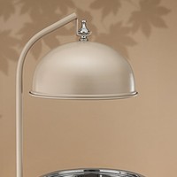 Plat de service moderne beige rond en acier inoxydable avec couvercle suspendu et motif découpé au laser pour buffet de mariage et traiteur