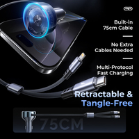 LISEN pengisi daya mobil 60W 3 in 1, adaptor pengisi daya telepon kabel dapat ditarik ganda dengan lampu LED untuk iPhone 15 16 Samsung