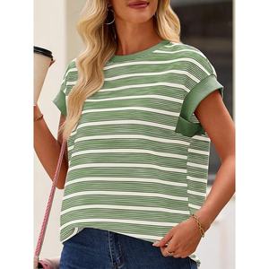 Women’s Striped Knit T Shirt Casual Loose Fit Round Neck Short Sleeve Spring Fashion <b>Top</b> Custom - Product Image 3