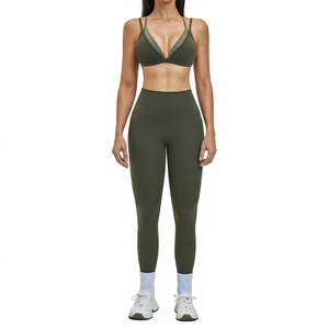 Custom Logo Front Women Solid Contrast Color Strappy Sportswear Workout <b>Gym</b> Fitness Yoga Bra <b>Set</b> High Waist Breathable Leggings - Product Image 3