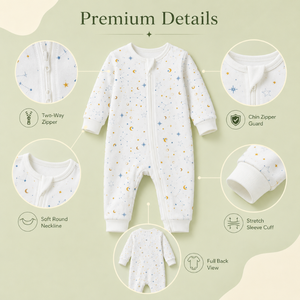 Mameluco de Bambú Transpirable de Manga Larga para Bebé |   Cremallera bidireccional, puños elásticos, protector de barbilla, cómodo estampado de lunas y estrellas, unisex - Product Image 3