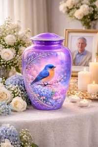 Urna Funeraria Morada para Adultos, Pintada a Mano con Pájaro Azul y Flores, Urna de Aluminio para una Memoria Tranquila - Product Image 2