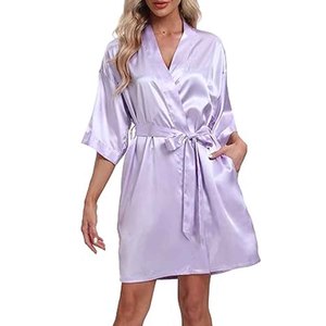 Plain Satin Polyester <b>Robes</b> Wholesale Women Kimono Bridal Bathrobe Bridesmaid Wedding Sleepwear Party <b>Beach</b> V-neck Custom Logo - Product Image 4