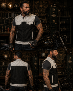 Chaleco de Cuero para Motociclista en Blanco y Negro para Hombre – Estilo Motociclista Robusto con Vista Frontal |   Equipo de equitación de diseño personalizado premium - Product Image 2