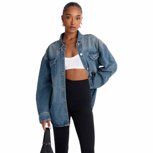 UNIZA <b>Women's</b> Oversized Washed Denim <b>Jacket</b> Long Sleeve Turn Down Collar Button Loose Trucker Coat Winter Casual - Product Image 6