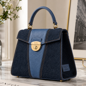 <span class=keywords><strong>Sac</strong></span> à bandoulière en jean bleu pour femme, <span class=keywords><strong>sac</strong></span> à main en cuir grainé marron, sacoche structurée à rabat avec poignée supérieure et pieds métalliques - Product Image 6