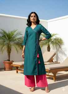 Conjunto de Pantalón y Kurta Anarkali Largo para Mujer, 2 Piezas, Ropa Étnica Festiva Elegante, Estilo Indio Pakistaní, para Uso Diario, 100% Lona - Product Image 3