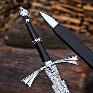 Handmade Damascus Steel Straight Blade With Black Handle And <b>Silver</b> Accents 32-Inch OEM Knife - Product Image 4
