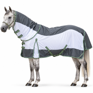 Couverture de pluie hybride détachable pour cheval 1200D avec dessus imperméable |   Couverture d'extérieur respirante en maille avec grande rabat de queue et sangles - Product Image 1