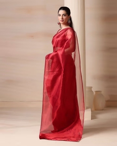 KV Ready to Wear <b>Red</b> Viscose Solid Plain Autumn Party Wedding Saree with Unstitched <b>Blouse</b> Wrinkle-Free Reversible - Product Image 4