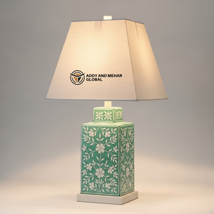 Lanterne de table artisanale en os vert incrusté, motif floral, lampe décorative de chevet carrée de luxe avec abat-jour en tissu pour la maison - Product Image 1