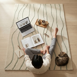 Alfombra Contemporánea con Diseño de Ondas, Hecha a Mano, de Lana Verde Marfil, para Interiores de Lujo - Product Image 1