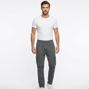 Pantalon de jogging décontracté gris uni pour homme avec cordon de serrage, taille élastique, poches, en polyester/coton léger et écologique - Product Image 3