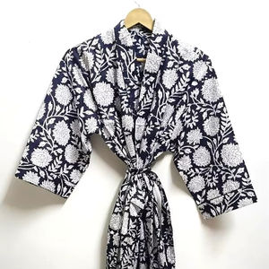 Bata Kimono 100% Algodón – Bata Kimono Larga Hecha a Mano con Estampado de Bloques para Mujer – Bata Ligera para Descansar con Cinturón - Product Image 1