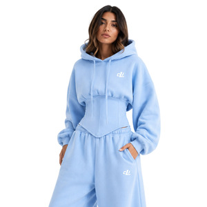 Ensemble de survêtement de détente pour femme en coton premium, comprenant un sweat à capuche court à coupe corset bleu glace et un pantalon de survêtement à jambes larges, style mode - Product Image 5