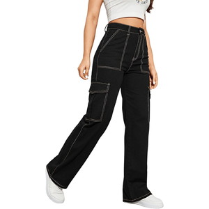 Pantalon cargo en jean bleu clair taille haute pour femme, coupe ample, longueur intégrale avec poches, décontracté, écologique, respirant, idéal pour l'été - Product Image 3