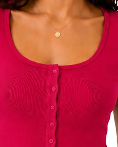 Custom Hot Pink Women Ribbed Knit <b>Crop</b> <b>Top</b> Short Sleeve Button Front Slim Fit Square Neck Casual Summer Cotton T Shirt Blouse - Product Image 6