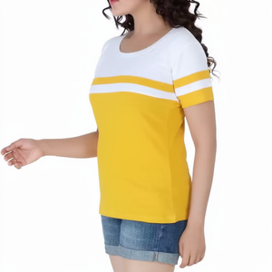 Camiseta de Algodón para Mujer, Cuello Redondo, Manga Corta, Bloques de Color Amarillo y Blanco, Estilo Casual de Verano, Corte Regular, Transpirable, Tejido de Punto - Product Image 1