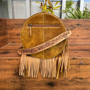 Bolso de hombro redondo de cuero de ante con puntada para mujer de lujo a la moda, bolso cruzado con flecos circulares de piel de vaca a la moda personalizado - Product Image 5