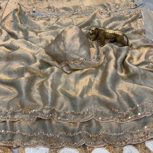 Fandy <b>Satin</b> Silk <b>Saree</b> with Original Rose Gold Beads Work Cutwork Border Designer Party Wear <b>Saree</b> with Heavy Worked Blouse - Product Image 2