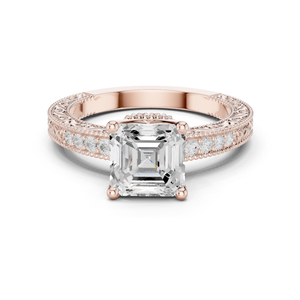 แหวนหมั้นทองคำแท้ 14k สีโรสโกลด์คลาสสิกสำหรับผู้หญิง ประดับเพชรทรง Asscher ที่เพาะเลี้ยงในห้องปฏิบัติการ พร้อมวงแหวนประดับเพชรแบบ Paved Band ได้รับการรับรองจาก GRA - Product Image 1
