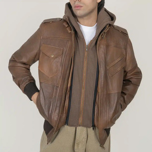 Chaqueta de Cuero con Capucha para Hombre, Color Marrón, con Cierre de Cremallera y Forro de Algodón, Estilo Motero de Invierno - Product Image 1