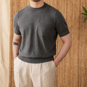 เสื้อยืดแขนสั้นคอกลมทรงโอเวอร์ไซส์สีพื้นสำหรับผู้ชาย ผ้าเจอร์ซีย์ถักเนื้อฝ้าย ดีไซน์เรียบง่าย ความยาวปกติ - Product Image 6